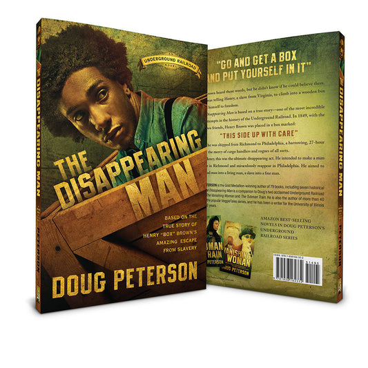 Book cover and back cover of 'The Disappearing Man' by Doug Peterson, shown as a 3D mockup on a white background.