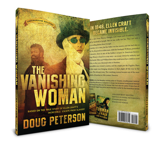 Book cover and back cover of 'The Vanishing Woman' by Doug Peterson, shown as a 3D mockup on a white background.
