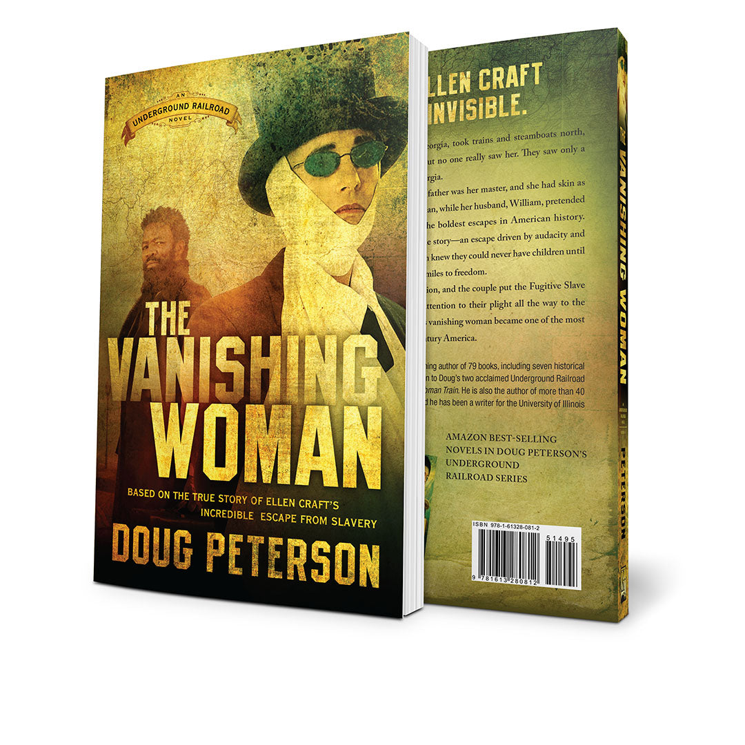 Book cover and spine views of 'The Vanishing Woman' by Doug Peterson, showing a sepia-toned cover with a woman in a hat and sunglasses, large gold title text, and the back cover with black text on a textured tan background.