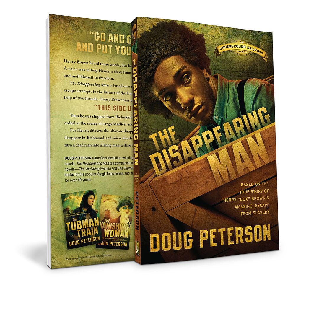 Book cover and spine of 'The Disappearing Man' by Doug Peterson, shown in a clean studio-style rendering with no person physically present in the scene. The cover features a sepia-toned portrait of a young man and large gold title text, so this is Product/Packaging rather than Lifestyle or Scenery.