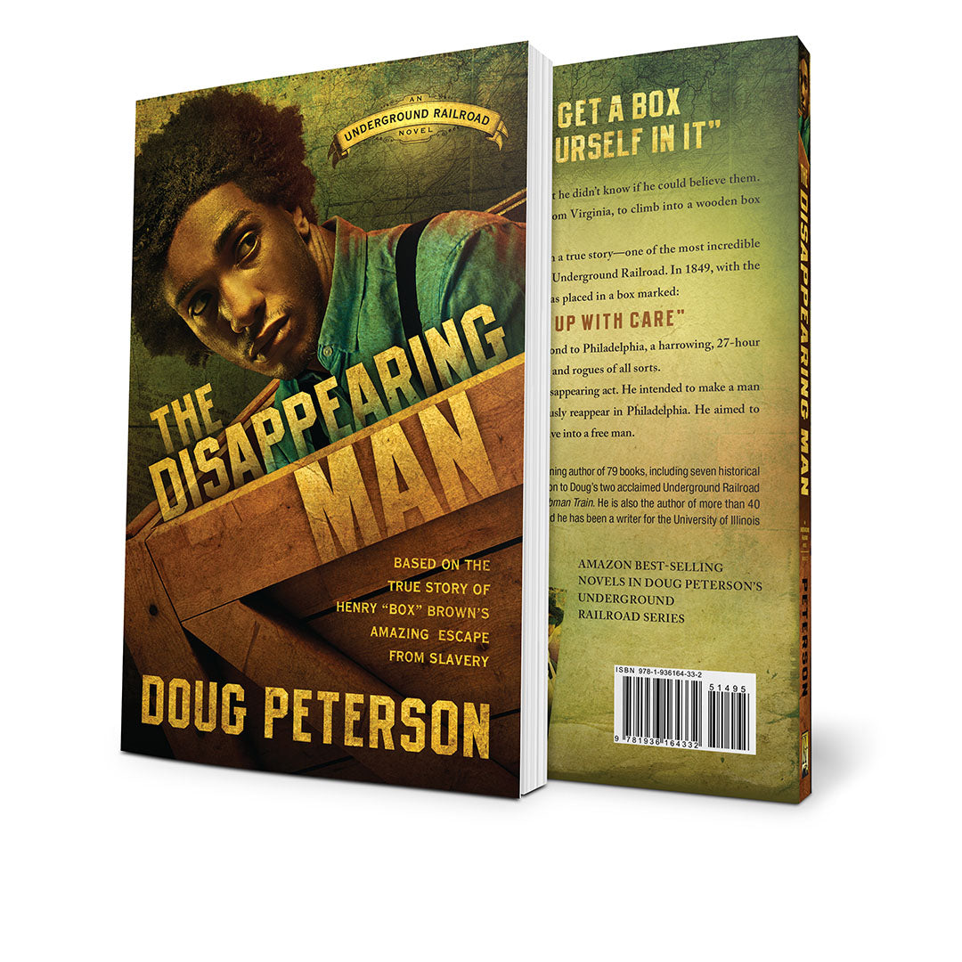 Book cover and spine of 'The Disappearing Man' by Doug Peterson, shown as a 3D product mockup on a white background.