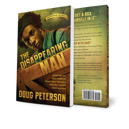 Book cover and spine of 'The Disappearing Man' by Doug Peterson, shown as a 3D product mockup on a white background.