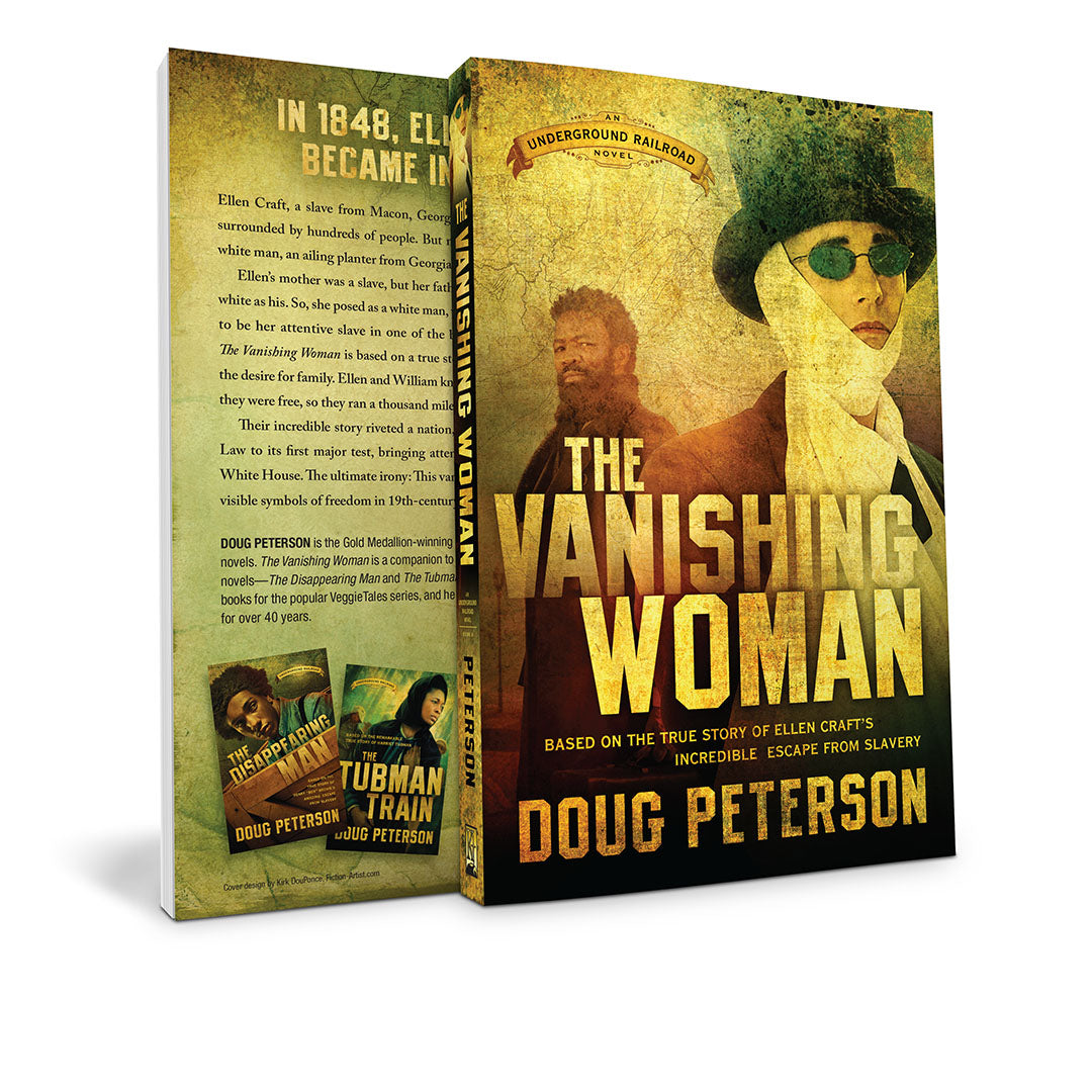 A 3D mockup of a book cover titled 'The Vanishing Woman' by Doug Peterson, showing both the front and back covers against a plain white background.