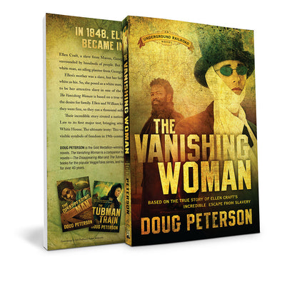 A 3D mockup of a book cover titled 'The Vanishing Woman' by Doug Peterson, showing both the front and back covers against a plain white background.