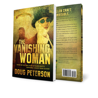 Book cover and spine views of 'The Vanishing Woman' by Doug Peterson, showing a sepia-toned cover with a woman in a hat and sunglasses, large gold title text, and the back cover with black text on a textured tan background.