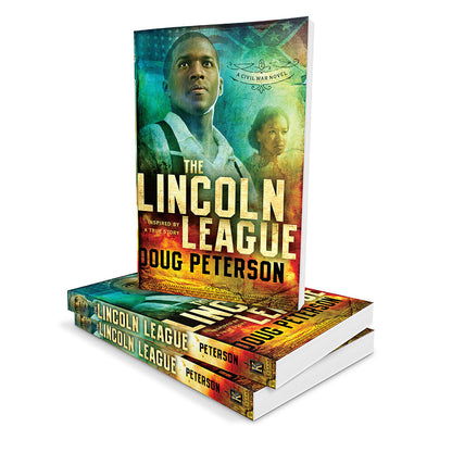 Two copies of the book 'The Lincoln League' by Doug Peterson, displayed upright and stacked on a white background.
